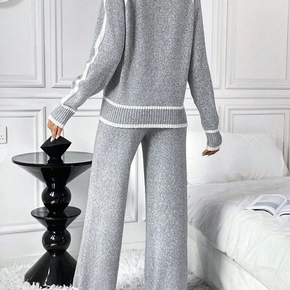 Grey Casual Women's Loose Contrast Color Knit Sweater Set